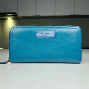 Prada Blue Glace and City Calf Leather Etiquette Continental Wallet